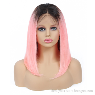 Shmily Factory Wholesale Hot selling 100% Brazilian Human Hair wig Unprocessed Virgin Human Hair 1b/pink Straight 13*4 Bob Wig